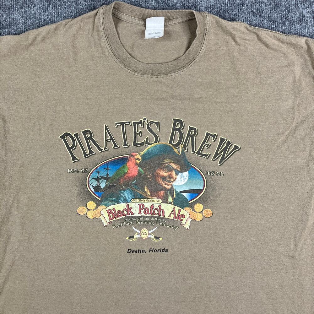 Gildan T-Shirt Mens XXL Tan Pirate’s Brew Graphic Destin Florida Black Patch Ale